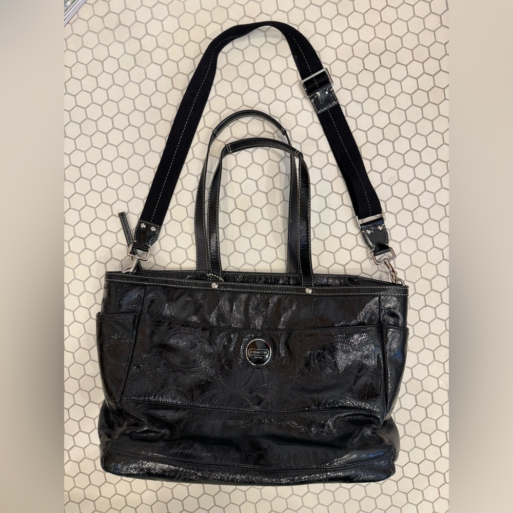 Coach patent leather diaper bag with signature stitching